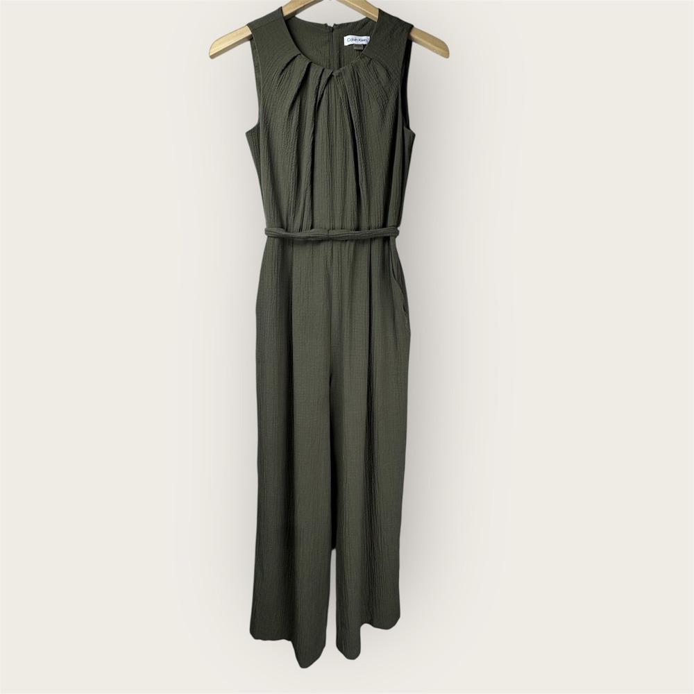 Calvin Klein‎ Jumpsuit Women Size 4 Green Sleeveless Wide Leg Tie Waist Belt